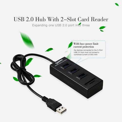 3 Ports 2FT High Speed Mini Portable USB 2.0 Hub With 2-Slot Card Reader