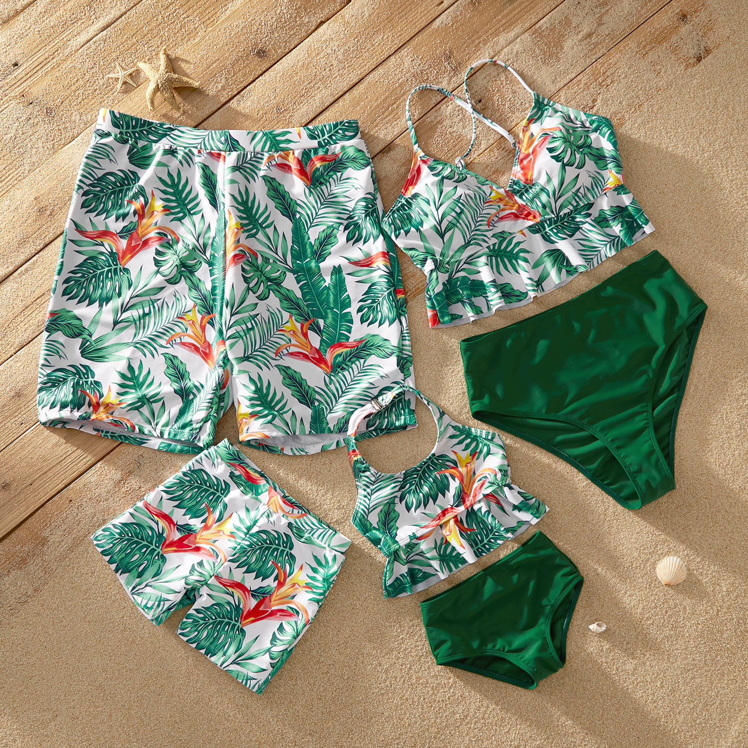 Ruffle Hem Tropical Print Matching Swimsuits