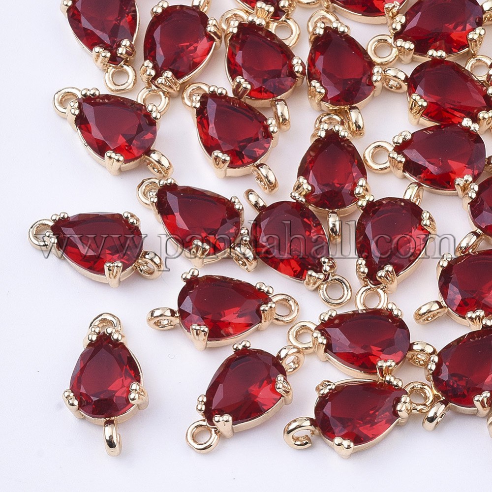 Transparent Glass Links/Connectors, with Brass Findings, Faceted, Teardrop, Light Gold, Red, 13x7x3.5mm, Hole: 1.2mm