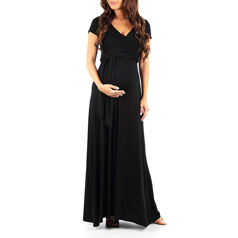 Trendy Solid V Neck Short-sleeve Maternity Maxi Dress