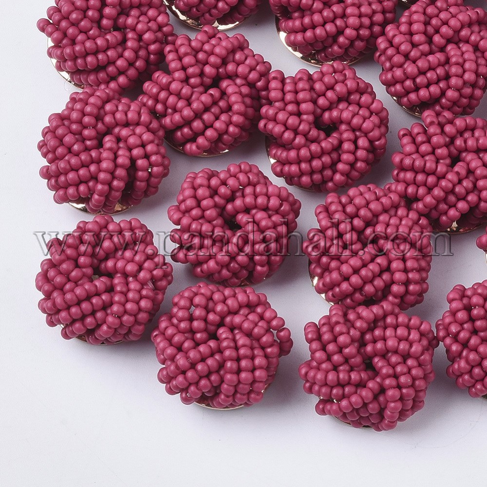 Glass Seed Beads Cabochons, Cluster Beads, with Golden Plated Iron Perforated Disc Settings, Flower, Cerise, 19~20x10~12mm
