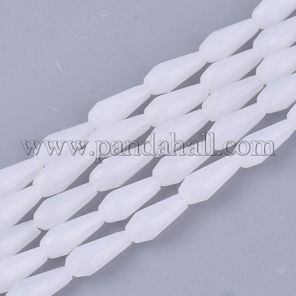 Glass Beads Strands, Imitation Jade, Faceted, Teardrop, White, 9~10x4mm, Hole: 1mm; about 72pcs/Strand, 26.38~27.17''(67~69cm)