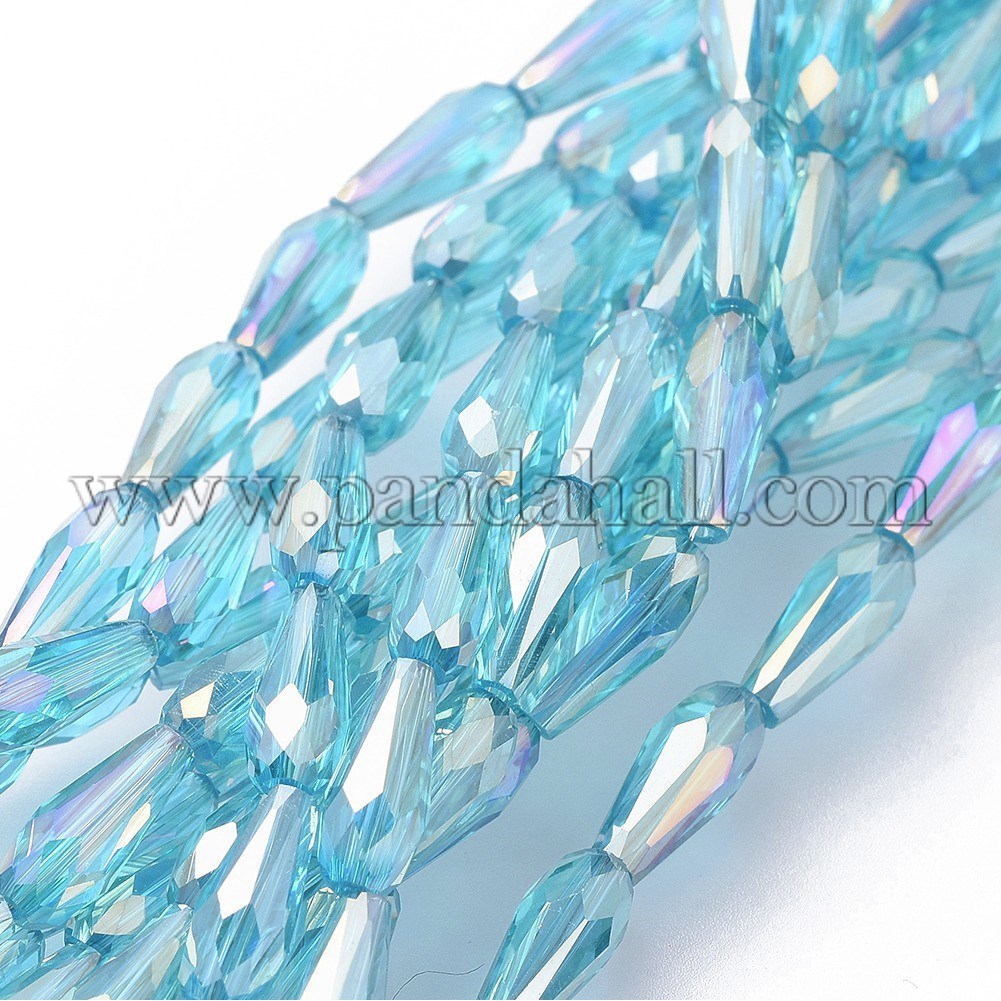 Electroplate Transparent Glass Beads Strands, Full Rainbow Plated, Faceted, Faceted, Teardrop, DeepSkyBlue, 10x4mm, Hole: 0.8mm; about 70~72pcs/strand, 27.9
