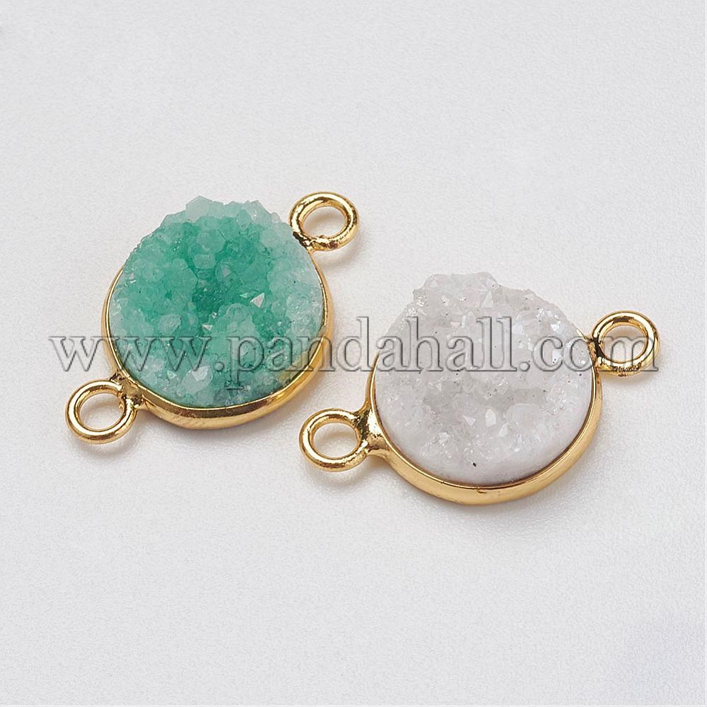Electroplated Natural & Dyed Druzy Agate Links/Connectors, with Golden Tone Brass Findings, Flat Round, Mixed Color, 21~21.5x13x4~6.5mm, Hole: 2mm