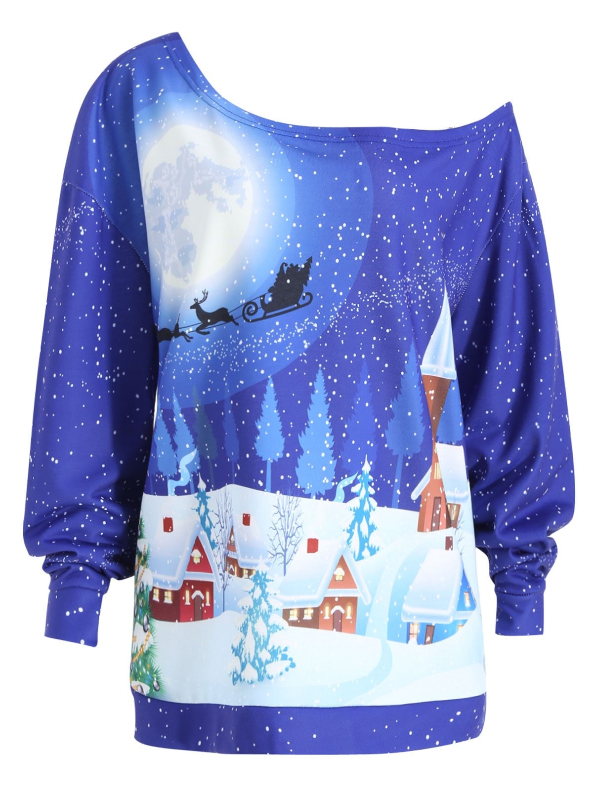 Christmas Evening Printed Plus Size Skew Neck Sweatshirt