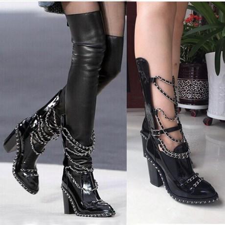 Plus Size 35-43 Botas Mujer Platform Runway Shoes Block Heels Chain Cross Stretch Black Leather Thigh High Boots Women Ankle/ Long Booties