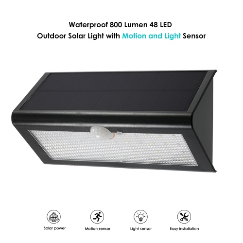 Solar Outdoor Light 46 LED 800 Lumen PIR Motion Sensor Light Waterproof and Wireless Wall Garden Yard Pathway Fence Light in Black (Warm White)