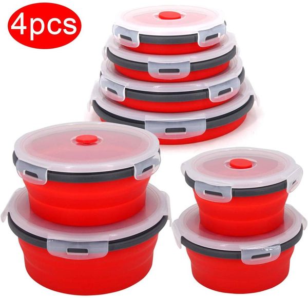 4 PCS Set Round Silicone Bento Box Dinnerware Folding Lunch Microwave Portable Food Container Bowl Salad Snack With Lid 350ml 500ml 800ml 1200ml 1222097