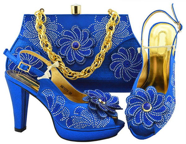 royal blue women pumps with big crystal flower design for dress african shoes match handbag set mm1074