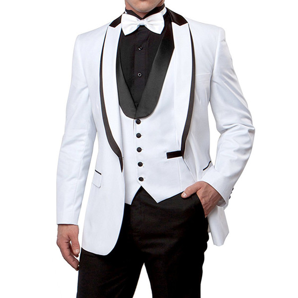 White and Black Wedding Men Suits for Prom Party Peaked Lapel Custom Made 3 Piece Groomsmen Tuxedos Jacket Pants Vest