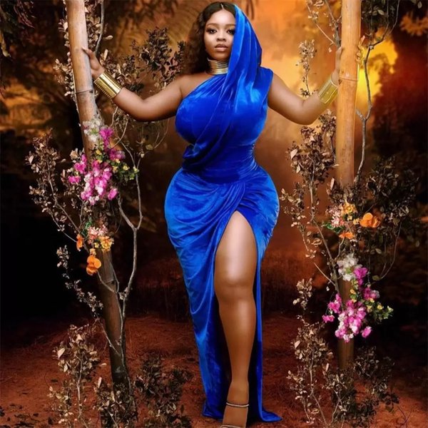 African Royal Blue Prom Dresses One Shoulder Side Split Plus Size Velour Mermaid Evening Dress Party Gowns
