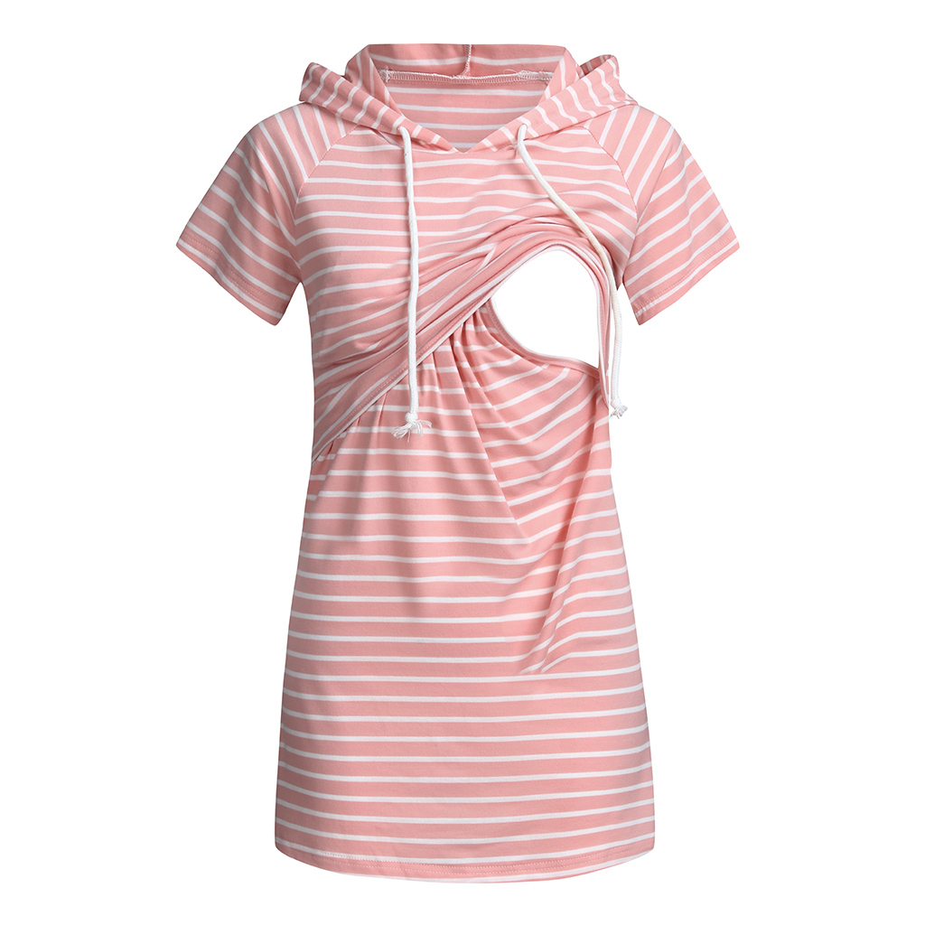 Casual Striped Short-sleeve Nursing Hoodie