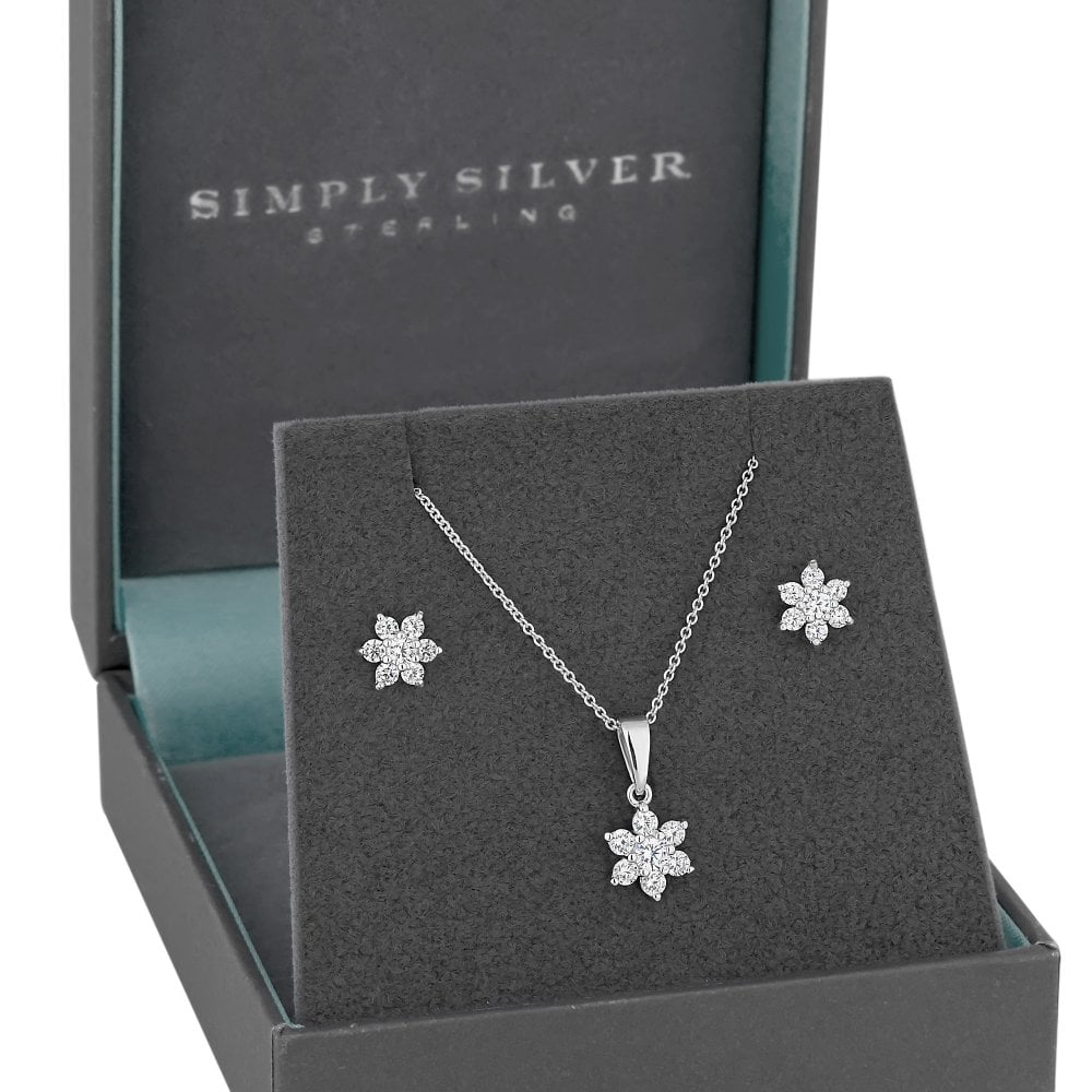 Sterling Silver 925 White Cubic Zirconia Flower  Matching Set