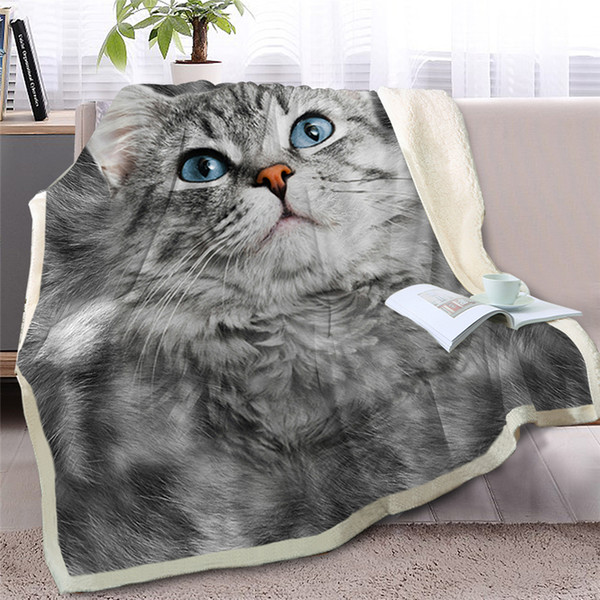 blessliving gray cat throw blanket on bed 3d animal plush sherpa blanket pet siamese bedspreads fur print thin quilt drop ship