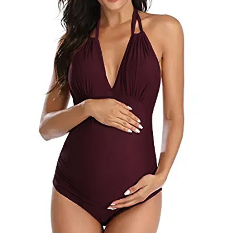 Stylish Solid Halter Maternity One-piece Swimsuit