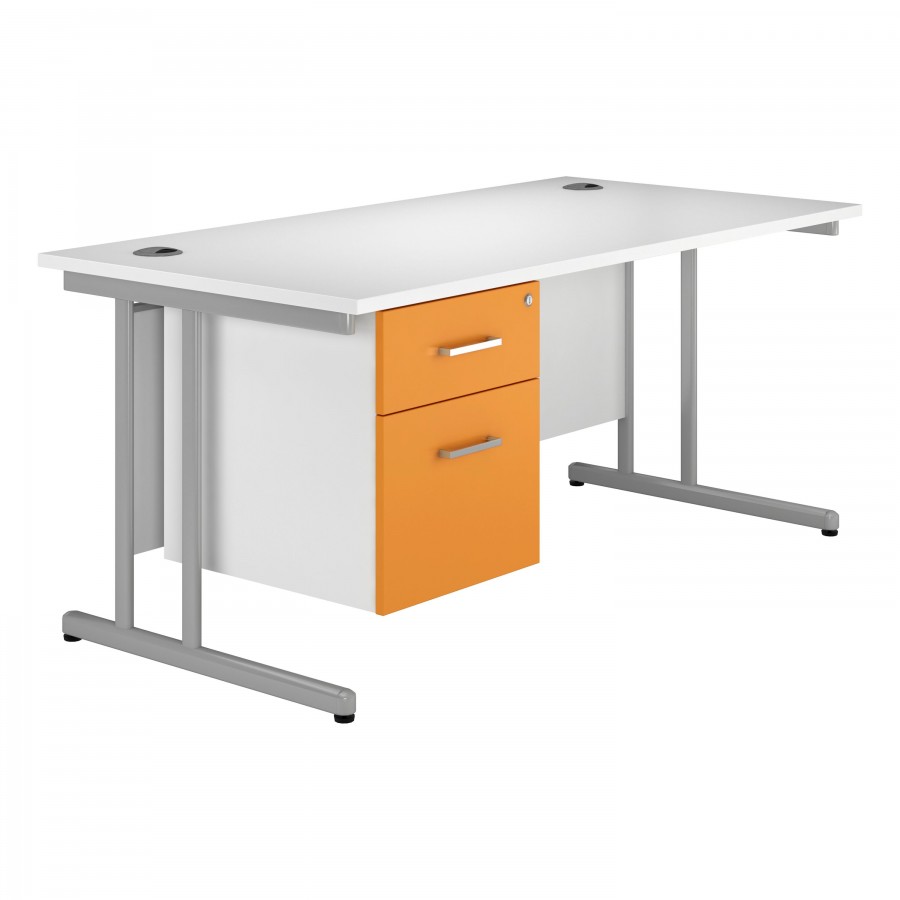 Kaleidoscope Valoir 1400mm Desk with Silver Cantilever Legs and Single Pedestal- Orange