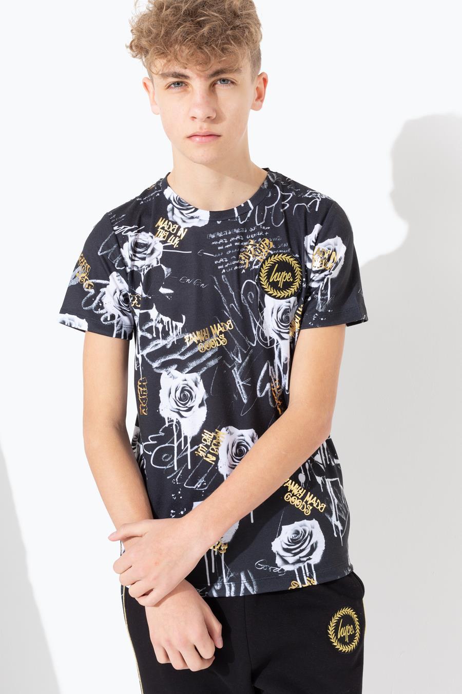 Hype Mono Graffiti Rose Gold Foil Kids Black T-Shirt | Size 16Y
