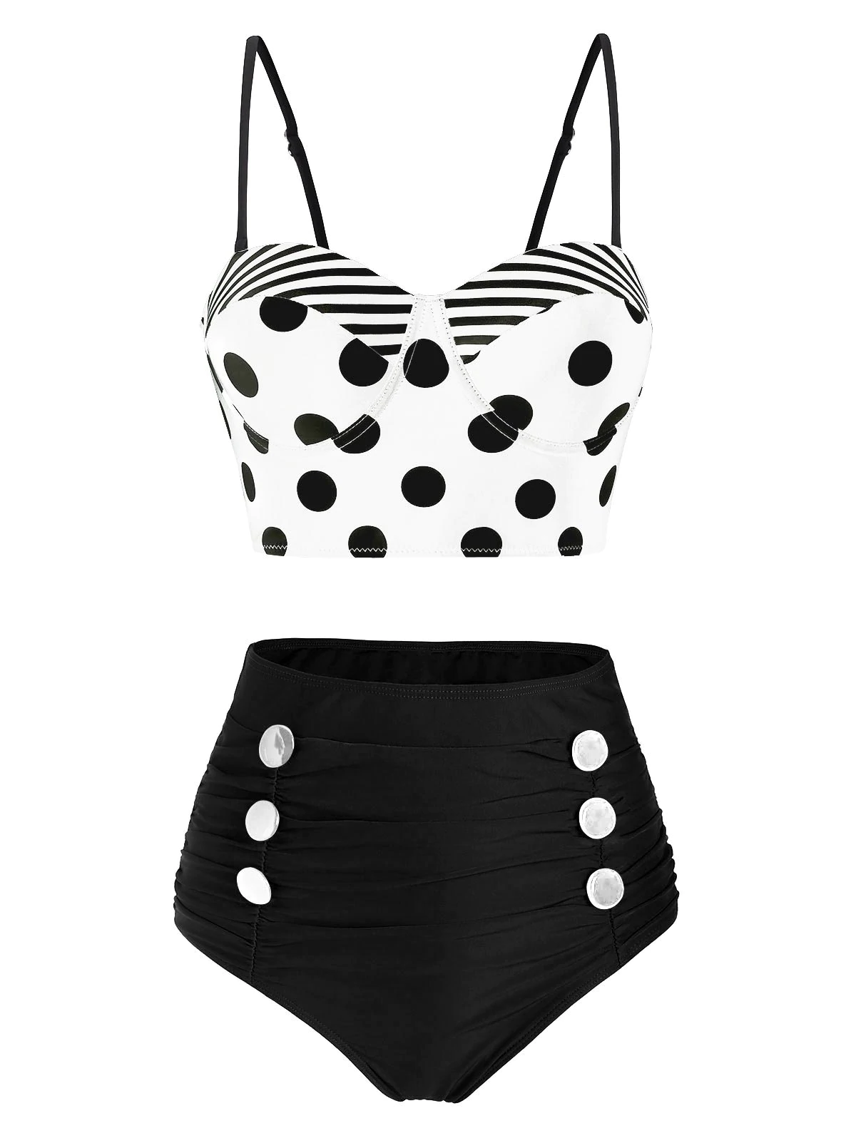 Polka Dot Striped Mock Button High Waisted Tankini Swimwear