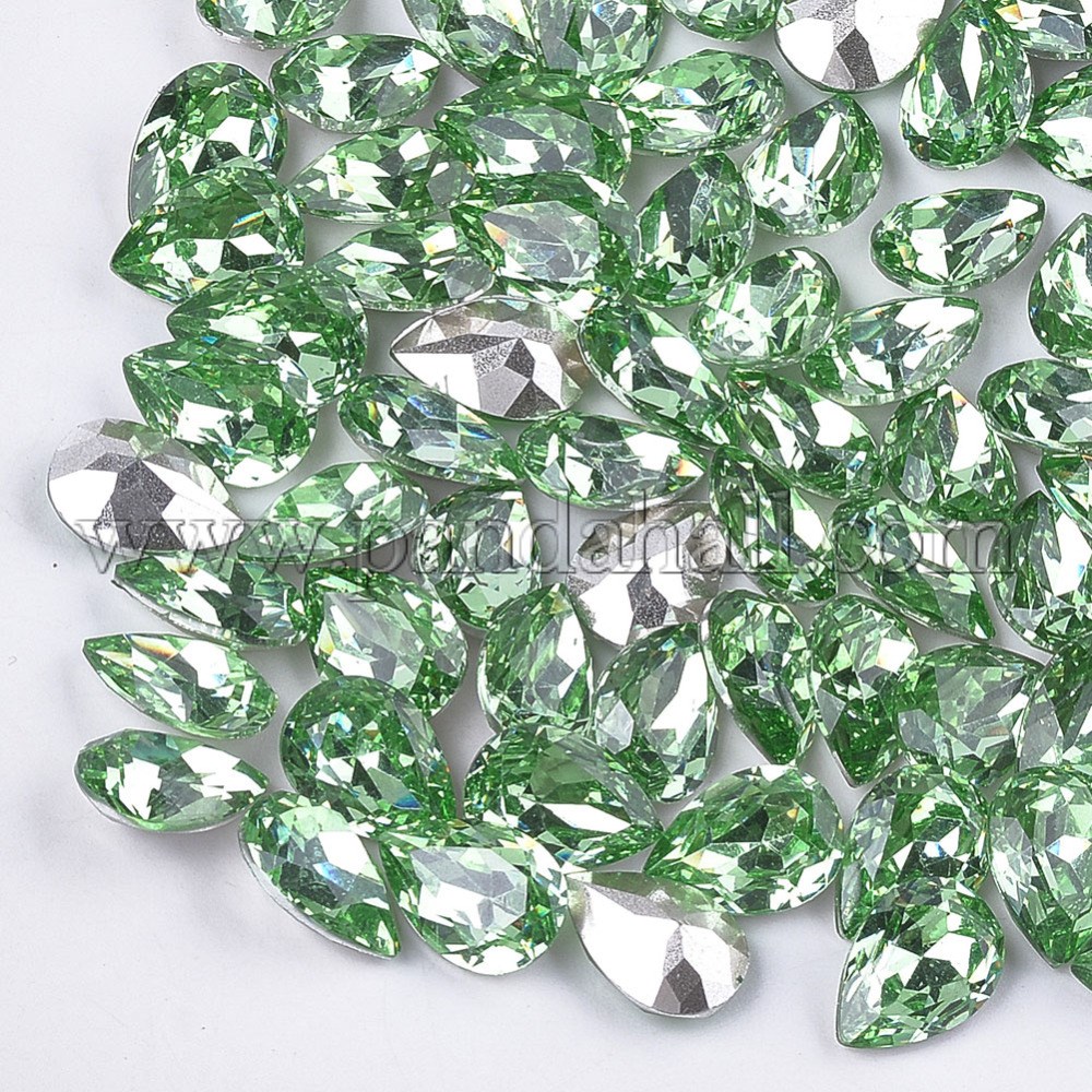 Pointed Back Resin Rhinestone Cabochons, Back Plated, Faceted, Drop, Peridot, 8~8.5x6x3.5mm; about 1000pcs/bag