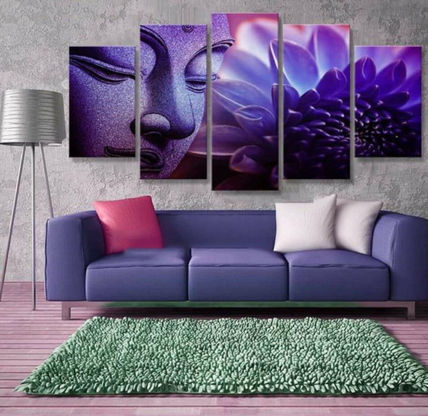 Canvas Posters Wall Art HD Prints Pictures 5 Pieces Buddha Head Portrait Purple Lotus Paintings Living Room Home Decor No Frame