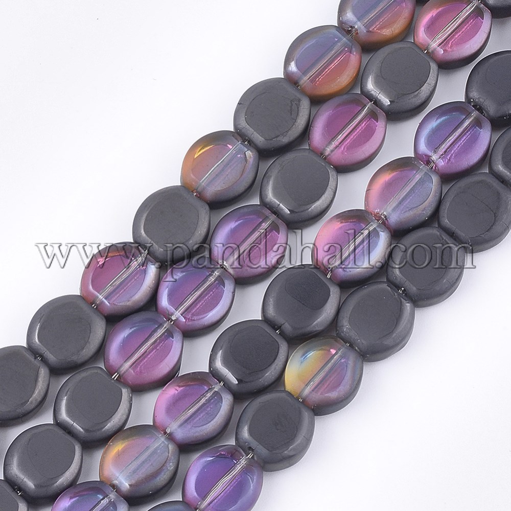 Frosted Electroplate Glass Beads Strands, Half Plated, Oval, Black, 10x9~9.5x4mm, Hole: 1mm; about 65pcs/strand, 25.5''