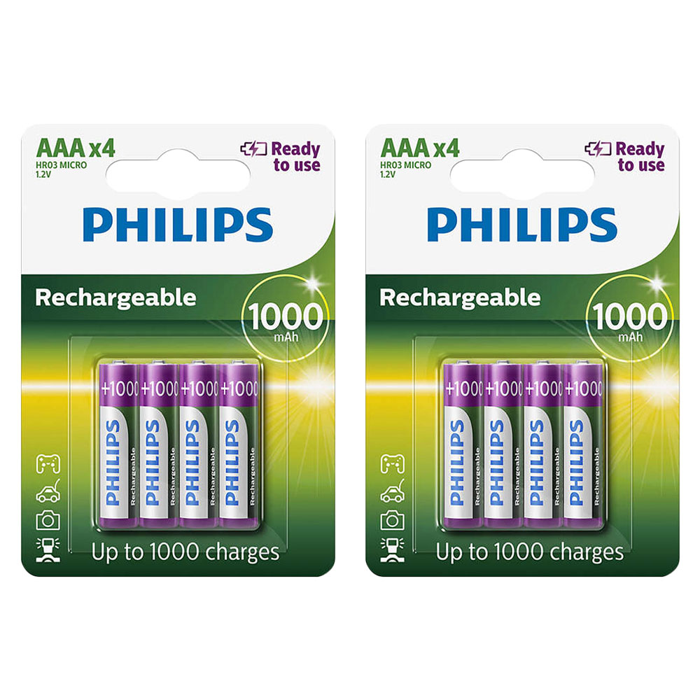 Philips AAA HR03 Pre charged Ready to Use NiMH Rechargeable Batteries 1000mAh - Extra Value 8 Pack