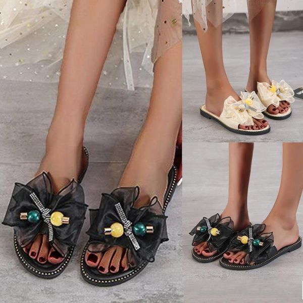 Slippers Women's Flowers Bow-knot Ladies Peep Toe Sandals Sweet Girls Fashion Square Slides Summer 2021 Female Casual Shoes