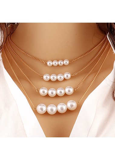 Pearl Embellished Gold Metal Layered Necklace