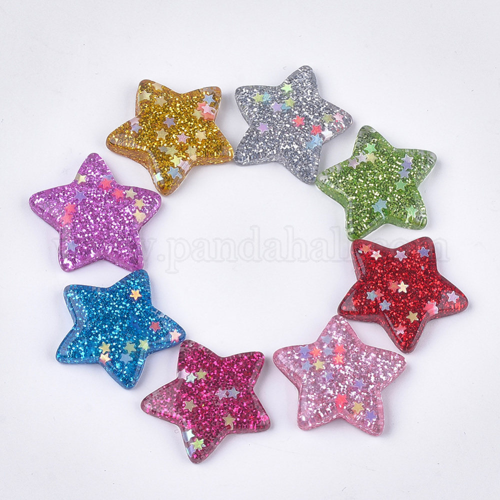 Resin Cabochons, with Paillette/Sequins, Star, Mixed Color, 27x27x5.5mm