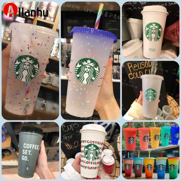 24oz/710ml Plastic Starbucks Mugs Tumbler Mermaid Goddess Reusable Clear Drinking Flat Bottom Pillar Shape Lid Straw Cups mug28GY