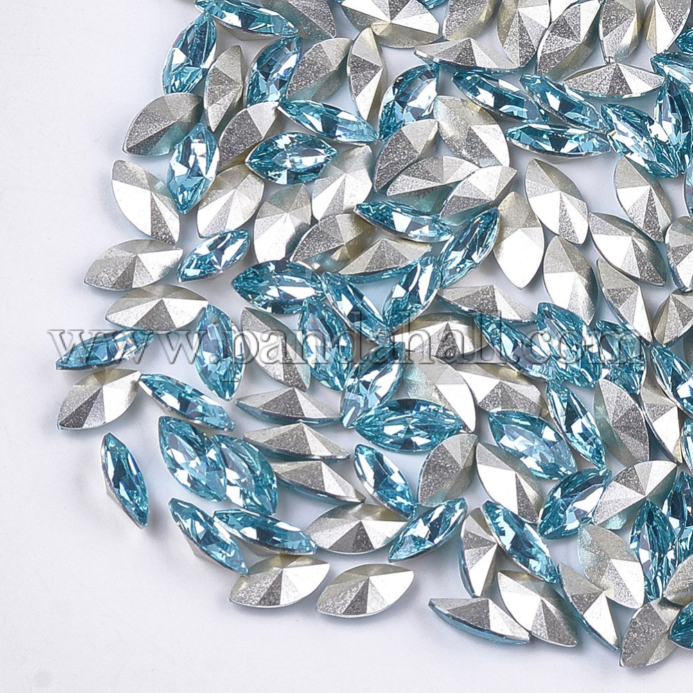 Pointed Back Resin Rhinestone Cabochons, Back Plated, Faceted, Horse Eye, Aquamarine, 15x7x4mm; about 400pcs/bag