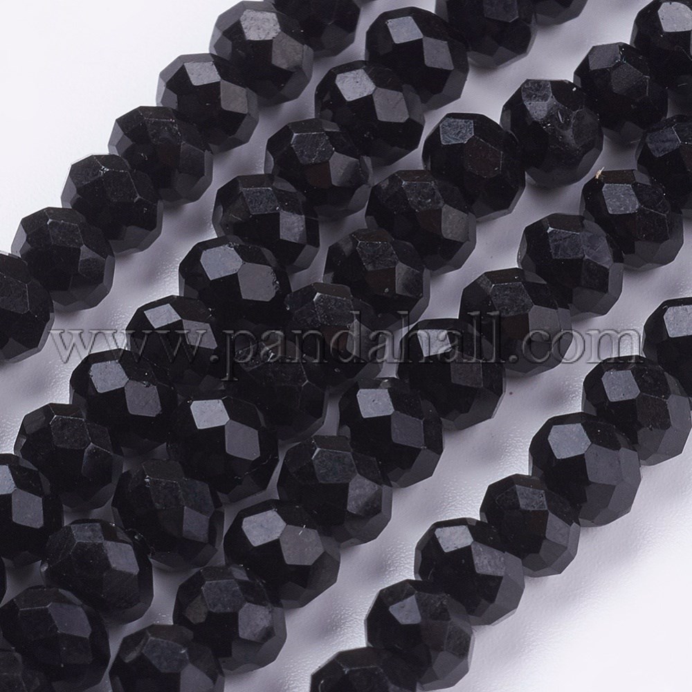 Opaque Solid Color Faceted Glass Beads Strands, Rondelle, Black, 6x4mm, Hole: 1mm; about 90~95pcs/strand, 18.5