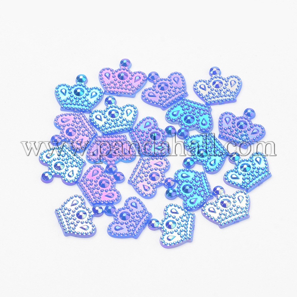 Acrylic Cabochons, AB Color Plated, Crown, Blue, 11x12x1.5mm