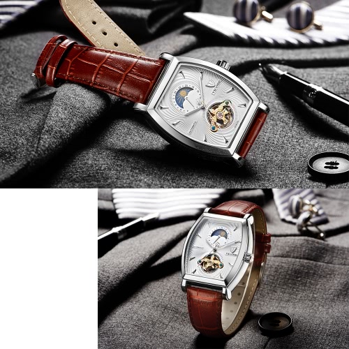 TEVISE Luxury Water-Proof Automatic Mechanical Men Watch Moon Phase Genuine Leather Self-Winding Man Casual Wristwatch + Box