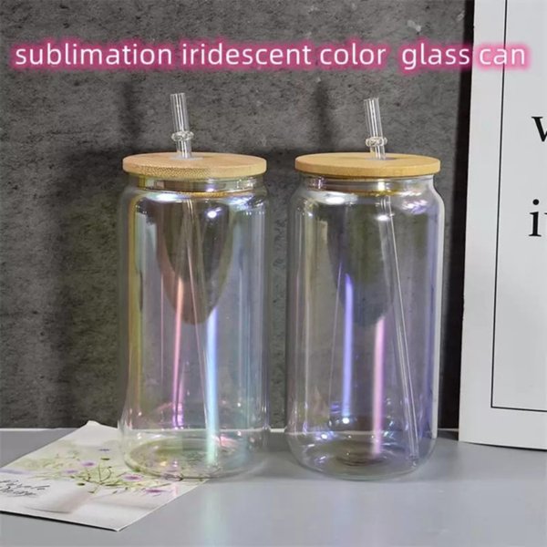 16oz Sublimation iridescent Mugs Glass Can Clear Froested Rainbow Glasses tumblers with Bamboo Lid Straw Tumbler sxmy4