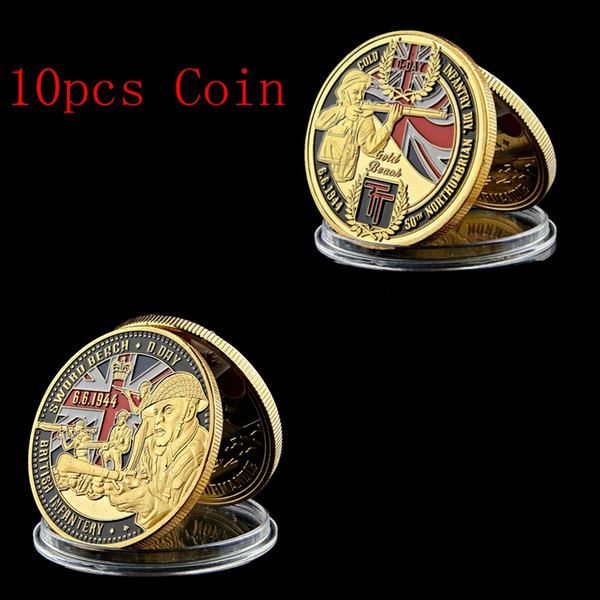 10pcs british infantry challenge coin d-day 50th northumbrian infantry 24k gold plated coin gold beach military souvenir coin