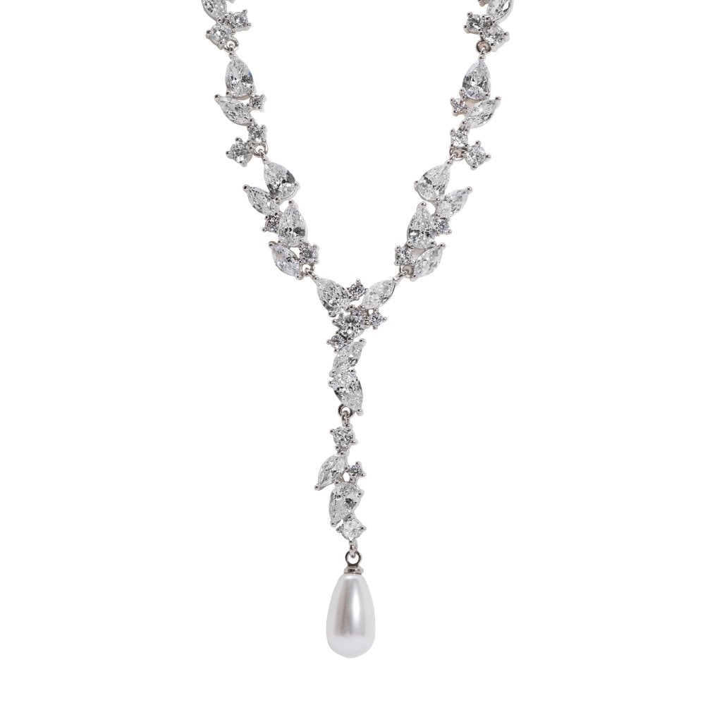 Silver Plated Pearl And Cubic Zirconia Leah Classic Y Drop Necklace