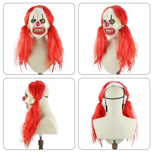 Latex Full Face Scary Toothy Clown Mask with Red Twin Tail Hair Elastic Tape for Halloween Masquerade Costume