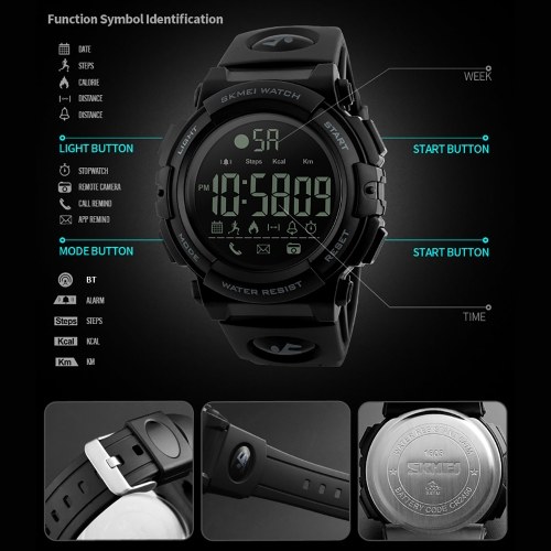 SKMEI 1303 Smart Watch Analog Digital Pedometer Calorie Fitness Tracker Watch Fashion Casual Sports Wristwatch 5ATM Waterproof Backlight BT Multifunctional Men Watches for Android and IOS