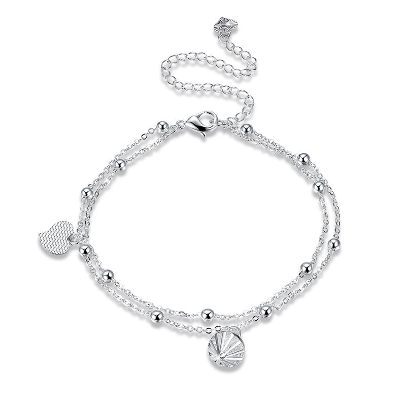 Heart and Rhinestone Pendant Double Layer Bell Foot Chain Silver Plated Anklet
