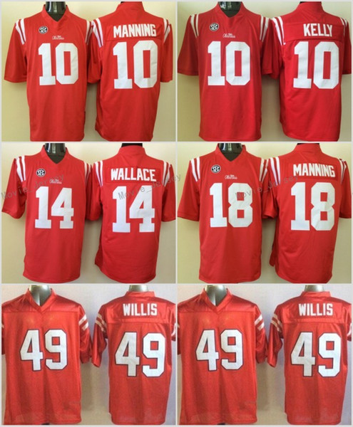 NCAA Ole Miss Rebels Football 10 Eli Manning Jersey SEC College 10 Chad Kelly 14 Bo Wallace 18 Achie Manning 49 Patrick Willis Stitched Red