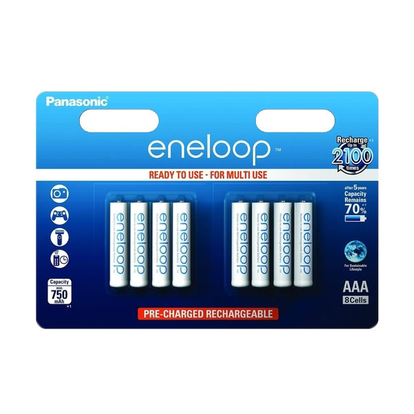 Panasonic Eneloop AAA Rechargeable Batteries NiMH HR03 750mAh Capacity - Value 8 Pack