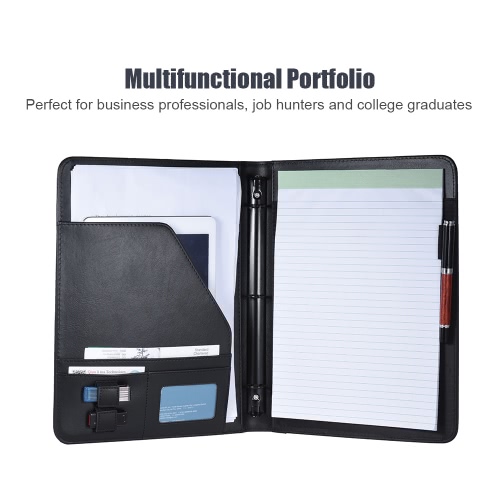 Professional Business Portfolio Padfolio Folder Document Case Organizer A4 PU Leather with Business Card U Flash Disk Holder Memo Note Pad Loose-leaf Loop