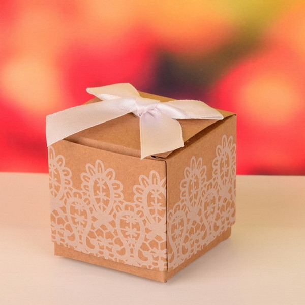 12pcs/lot kraft paper square candy box rustic wedding favors candy holder bags wedding party gift boxes with ribbon