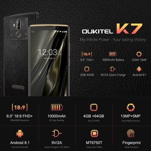 OUKITEL K7 4G Smartphone 4GB RAM 64GB ROM 10000mAh 9V/2A