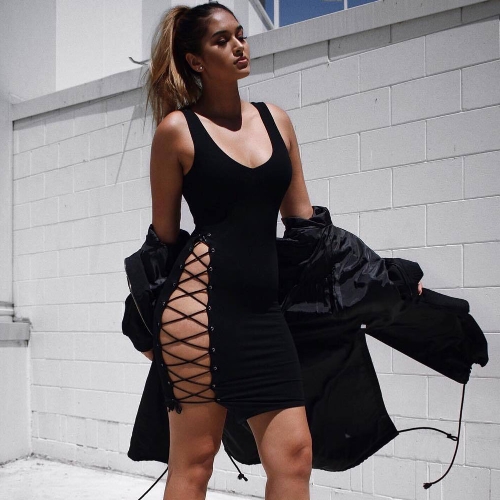 Sexy Women Lace Up Bodycon Dress O Neck Hollow Out Tank Dress Party Club Mini Dress Black