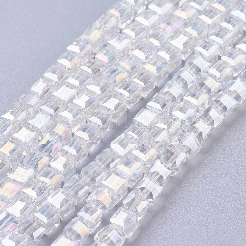 Electroplate Glass Beads Strands, AB Color Plated, Faceted, Cube, Clear AB, 4x4x4mm, Hole: 1mm