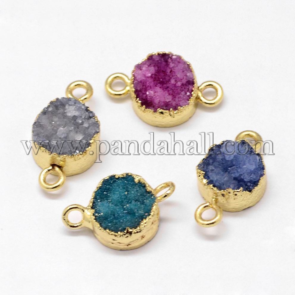 Electroplated Natural & Dyed Druzy Agate Links/Connectors, with Golden Plated Brass Findings, Flat Round, Mixed Color, 16~18x10~10.5x6~7mm, Hole: 2mm