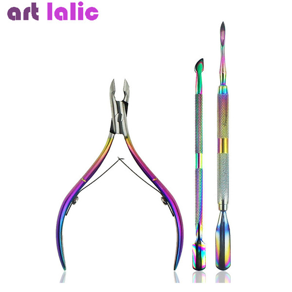 3pcs/set nail cuticle nipper titanium rainbow cuticle pusher tweezer nail oil dead skin remover art tools kit