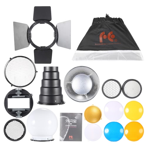 9 in 1 Speedlite Accessories Kit with Universal Mount Adapter/ Barndoor/ 20*30cm Softbox/ 2 Honeycombs/ Mini Reflector/ Conical Snoot/ Diffuser Ball/ 4 Color Filters